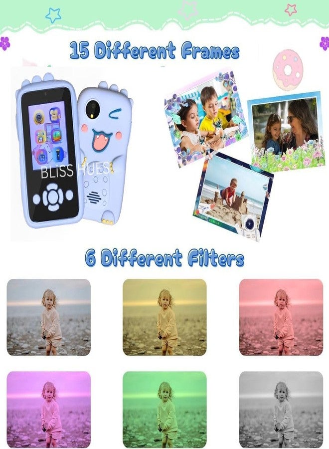 BLiSS HUES لعبة هاتف ذكي للأطفال من BLiSS HUES مزودة بمشغل موسيقى MP3 وكاميرا مزدوجة لالتقاط صور السيلفي وألعاب مدمجة وشاشة 2.4 بوصة وكاميرا 8 ميجابكسل، مناسبة للأولاد والبنات (أزرق) - Image 3